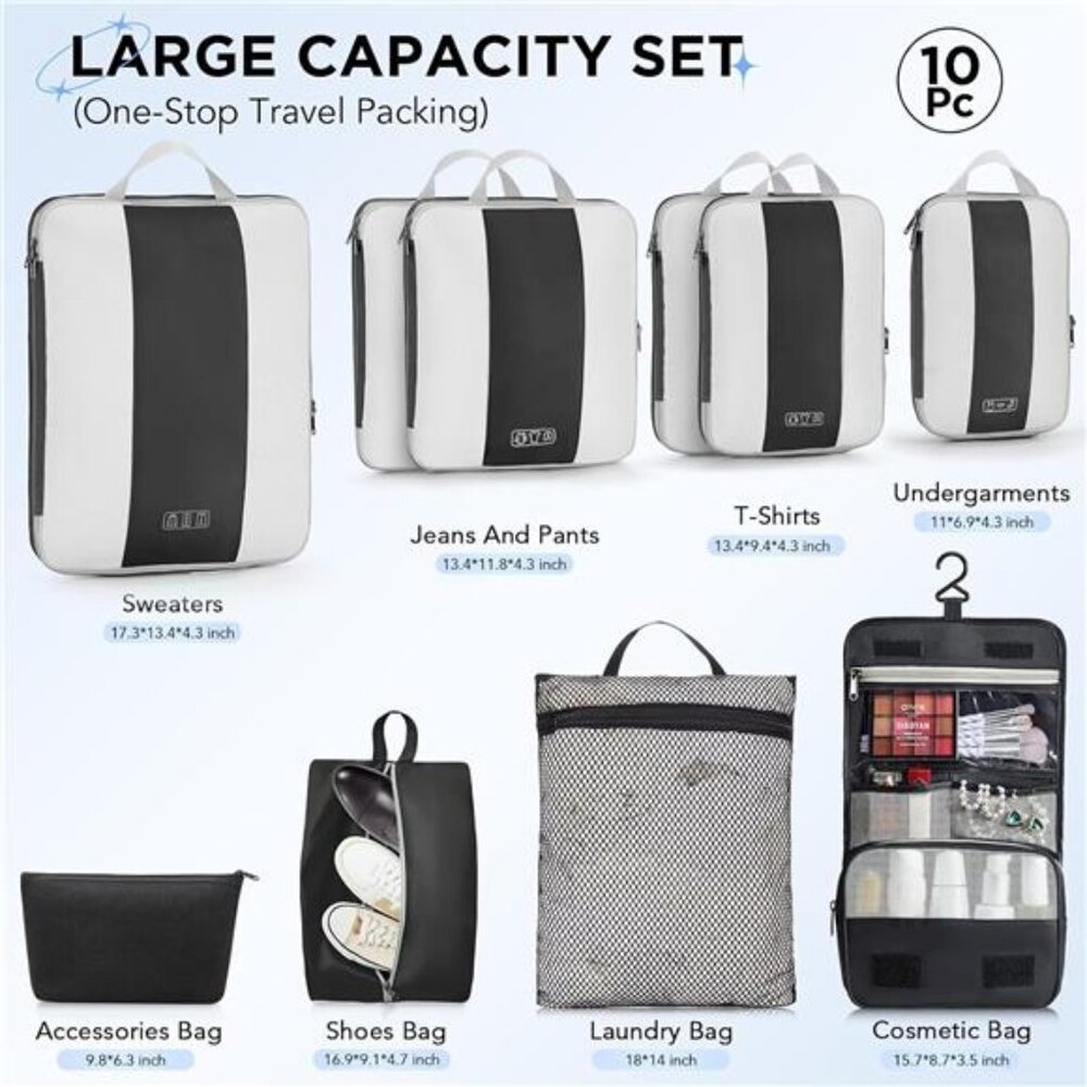 10 Set Compression Packing Cubes for Travel Essentials,Compressible Expandable - Picture 2 of 7